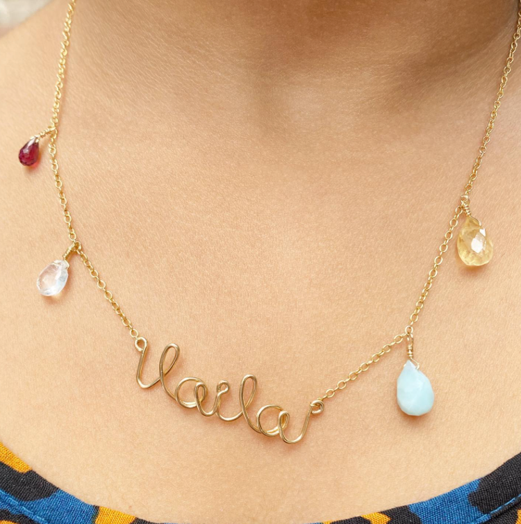 Kids Hand Twisted Name Necklace with Semi Precious Stones