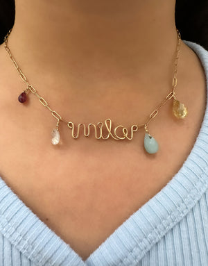Kids Hand Twisted Name Necklace with Semi Precious Stones