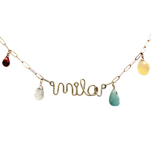 Kids Hand Twisted Name Necklace with Semi Precious Stones